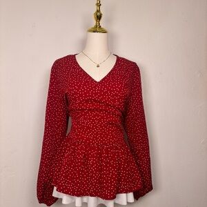shein curve red polka white dot vneck long sleeve peplum flowy blouse‎ lady bug